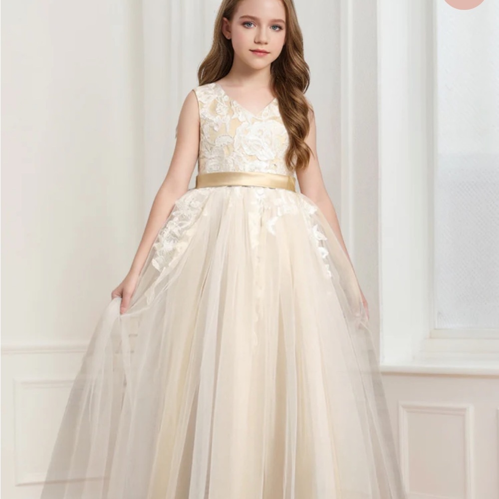 Charming Lace Kids Dress with Gold Accents
